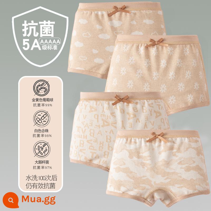 Quần lót trẻ em cotton bé gái quần lót boxer quần trẻ em tam giác trẻ em 2-18 tuổi cotton màu kháng khuẩn không dấu vết - 4 Pack-23 Bốn Mùa Cô Gái Góc Phẳng Hoa Cúc Mây Ngụy Trang Chữ Màu Nâu