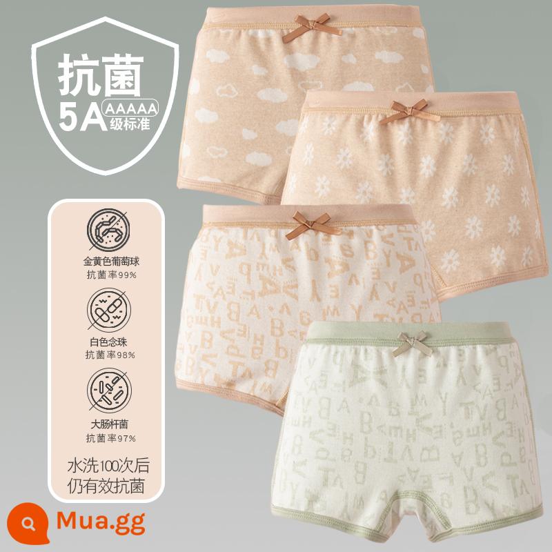 Quần lót trẻ em cotton bé gái quần lót boxer quần trẻ em tam giác trẻ em 2-18 tuổi cotton màu kháng khuẩn không dấu vết - 4 Pack-23 Cô gái bốn mùa Góc phẳng Mây Hoa cúc Chữ xanh Chữ nâu