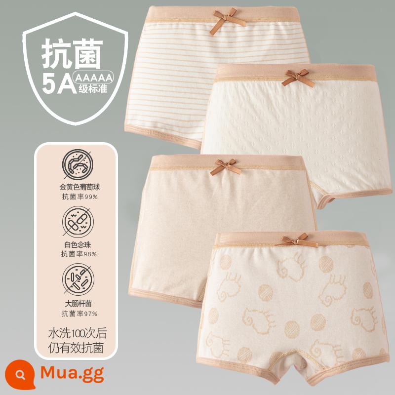 Quần lót trẻ em cotton bé gái quần lót boxer quần trẻ em tam giác trẻ em 2-18 tuổi cotton màu kháng khuẩn không dấu vết - 4 gói-Four Seasons Girls Boxer Brown Brown Strip Lamb Jacquard White