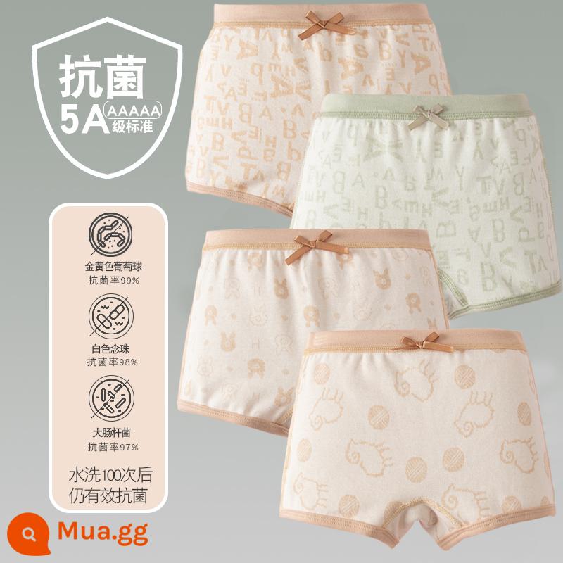 Quần lót trẻ em cotton bé gái quần lót boxer quần trẻ em tam giác trẻ em 2-18 tuổi cotton màu kháng khuẩn không dấu vết - 4 gói-Bốn Mùa Cô Gái Bảng Chữ Cái Boxer Bảng Chữ Cái Màu Nâu Thịt Cừu Xanh Gấu Nhỏ