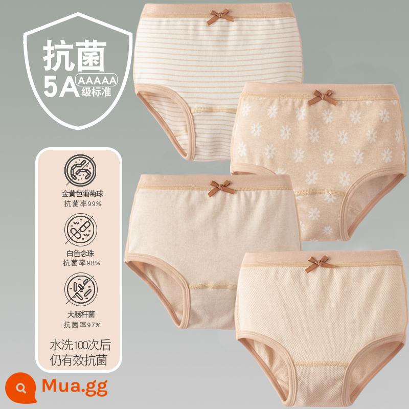 Quần lót trẻ em cotton bé gái quần lót boxer quần trẻ em tam giác trẻ em 2-18 tuổi cotton màu kháng khuẩn không dấu vết - 4 gói-Bốn Mùa Bé Gái Tam Giác Sọc Nâu Hoa Cúc Màu Be Nâu