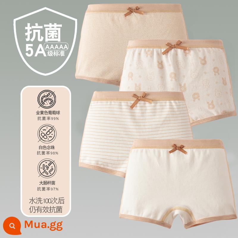 Quần lót trẻ em cotton bé gái quần lót boxer quần trẻ em tam giác trẻ em 2-18 tuổi cotton màu kháng khuẩn không dấu vết - 4 gói-Four Seasons Girls' Flat Corner Be Be Brown Strips Bear White