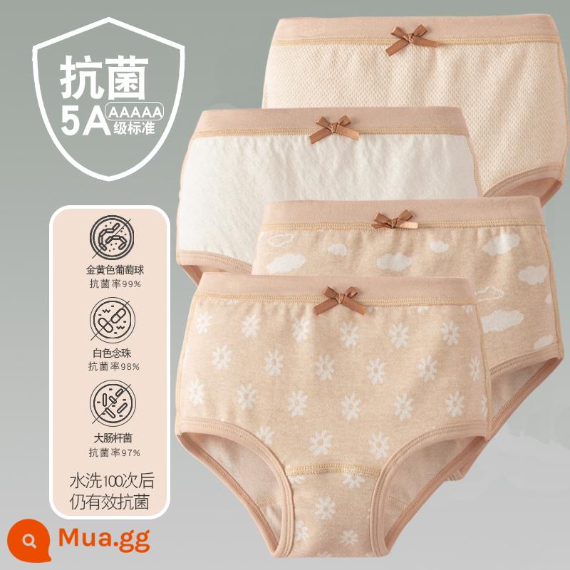 Quần lót trẻ em cotton bé gái quần lót boxer quần trẻ em tam giác trẻ em 2-18 tuổi cotton màu kháng khuẩn không dấu vết - 4 gói - 23 Cô Gái Bốn Mùa Tam Giác Màu Be Nâu Tim Trắng Cúc Mây Trắng