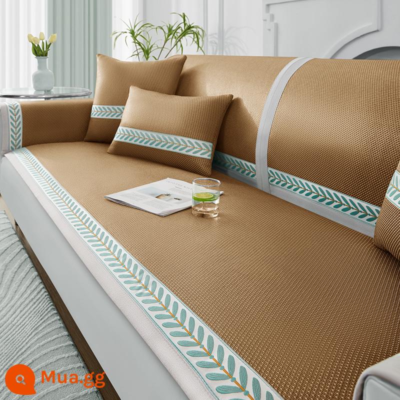 Sofa đệm mùa hè mây mat mùa hè mat cây ngải băng lụa da chống trượt bọc ghế sofa vải che mùa hè băng đệm - Mugwort-Brown [thiết kế dây đeo cố định chống trượt]