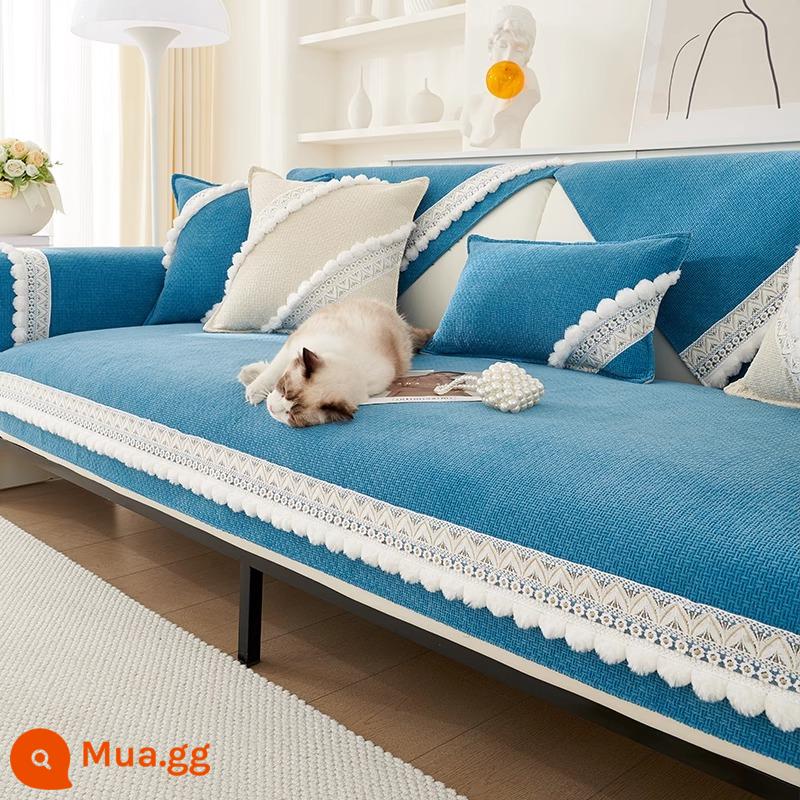 Đệm sofa kiểu Pháp nhẹ mới 2023, bọc ghế sofa da chống trượt chenille phổ thông cho mọi mùa, đệm ngồi, phong cách thu đông - Wu Xingxing-Hồ xanh (Phong cách bốn mùa)