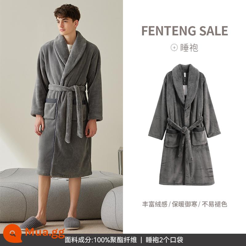 Fenten mùa thu đông dày flannel váy ngủ cặp đôi mùa đông nữ phiên bản dài nhung san hô áo choàng tắm bộ đồ ngủ nam mặc nhà - M98440780 màu xám quý phái