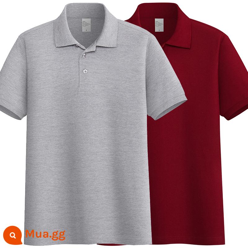 220G Cotton Áo Sơ Mi Áo Thun Nam Ngắn Tay Ve Áo Rời Đồng Màu Trung Niên Piqué Cotton Mùa Hè Ralph Lauren Áo Sơ Mi - Xám + đỏ tía