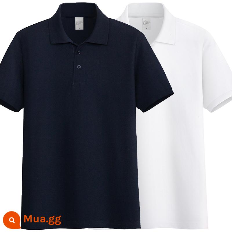 220G Cotton Áo Sơ Mi Áo Thun Nam Ngắn Tay Ve Áo Rời Đồng Màu Trung Niên Piqué Cotton Mùa Hè Ralph Lauren Áo Sơ Mi - Xanh hải quân + trắng