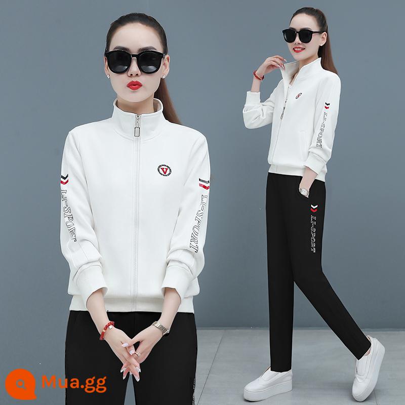 Bộ đồ thể thao nữ mùa xuân và mùa thu ba mảnh phù hợp với áo cardigan cổ đứng áo màu trắng thời trang chạy bộ thể thao - Bộ ba món 8507 màu trắng đen