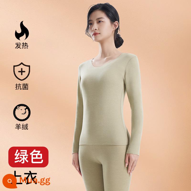 Làm Nóng Quần Áo Bộ Đồ Nữ Lụa Cashmere Làm Nóng Plus Nhung Dày Mùa Đông 2023 Mới Làm Đẹp Da Quần Áo Thu Đông Quần Vệ Sinh - 1 áo [sưởi ấm kháng khuẩn + cashmere ấm] màu xanh lá cây