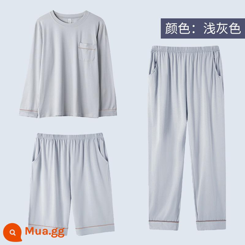 Modal pyjamas nam bộ đồ ba mảnh quần dài tay ngắn mùa hè cotton nguyên chất phục vụ tại nhà cho nam bộ đồ mùa xuân và mùa thu - Ba món quần short + quần dài tay, cotton modal màu xám nhạt, mềm mại và thân thiện với làn da