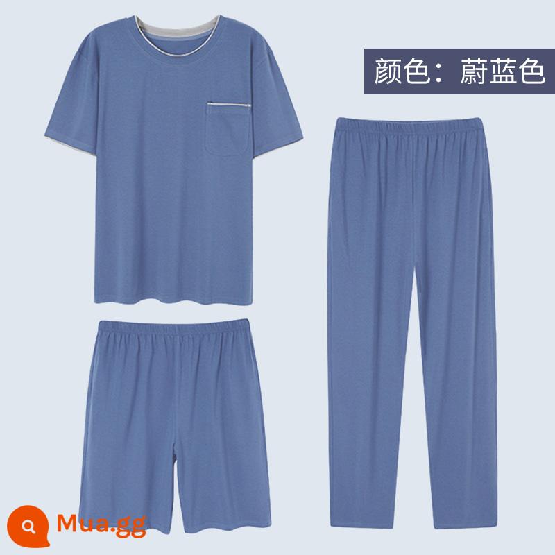 Modal pyjamas nam bộ đồ ba mảnh quần dài tay ngắn mùa hè cotton nguyên chất phục vụ tại nhà cho nam bộ đồ mùa xuân và mùa thu - X2162 xanh mát mùa hè, thoáng mát, không ngột ngạt