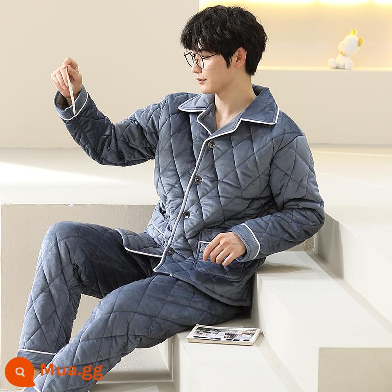 Bộ đồ ngủ nam 3 lớp chần bông thu đông dài tay quần cardigan dày ấm phục vụ tại nhà phù hợp với mới 2022 - X2141 Bộ đồ màu xám chần bông dày 3 lớp và nhung