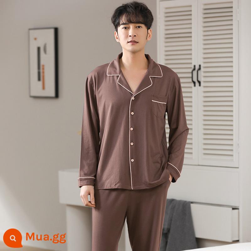 Bộ đồ ngủ Modal dành cho nam mùa xuân thu cotton dài tay cỡ lớn phong cách cardigan 2023 bộ đồ mặc nhà mùa hè mới dành cho nam - X2117 cà phê modal cotton mềm mại và thân thiện với làn da