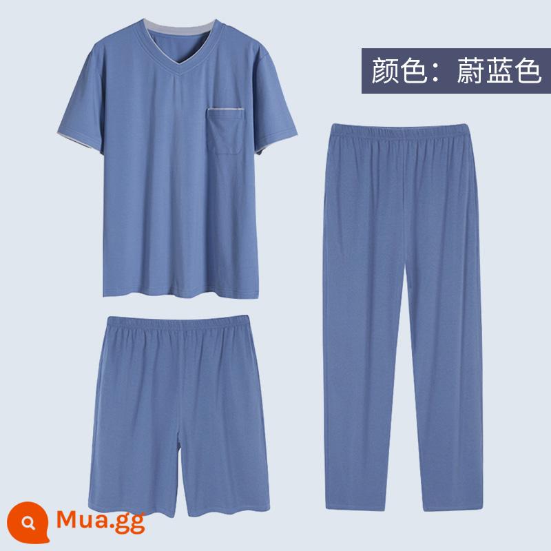 Modal pyjamas nam bộ đồ ba mảnh quần dài tay ngắn mùa hè cotton nguyên chất phục vụ tại nhà cho nam bộ đồ mùa xuân và mùa thu - X2195 xanh mát mùa hè, thoáng mát, không ngột ngạt