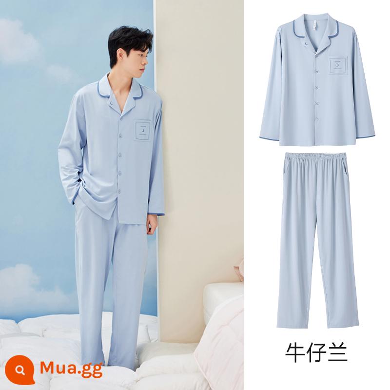 Anzhiban Cặp Đôi Bộ Đồ Ngủ Nữ Xuân Thu Dài Tay Nguyên Chất Cotton Rời Cổ Cao Cấp Mặc Ở Nhà bộ Kích Thước Lớn - Denim Lan A-Nam