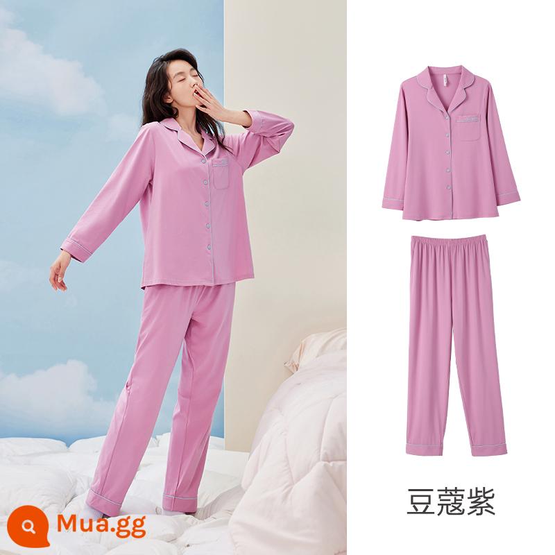 Anzhiban Cặp Đôi Bộ Đồ Ngủ Nữ Xuân Thu Dài Tay Nguyên Chất Cotton Rời Cổ Cao Cấp Mặc Ở Nhà bộ Kích Thước Lớn - Bạch đậu khấu-Nữ