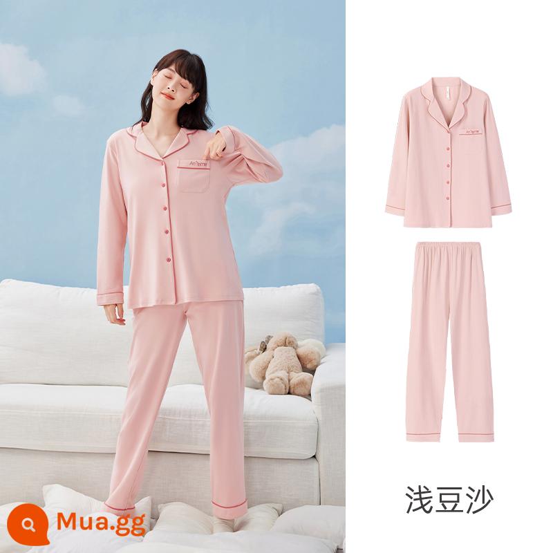 Anzhiban Cặp Đôi Bộ Đồ Ngủ Nữ Xuân Thu Dài Tay Nguyên Chất Cotton Rời Cổ Cao Cấp Mặc Ở Nhà bộ Kích Thước Lớn - Bột đậu nhẹ-nữ