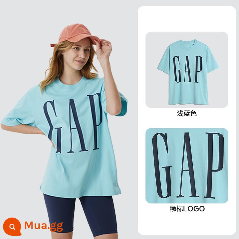 [Cotton đã giặt] Quần áo Gap dành cho nam và nữ LOGO áo thun ngắn tay đơn giản mùa hè dành cho cặp đôi thể thao phi giới tính - Màu xanh nhạt