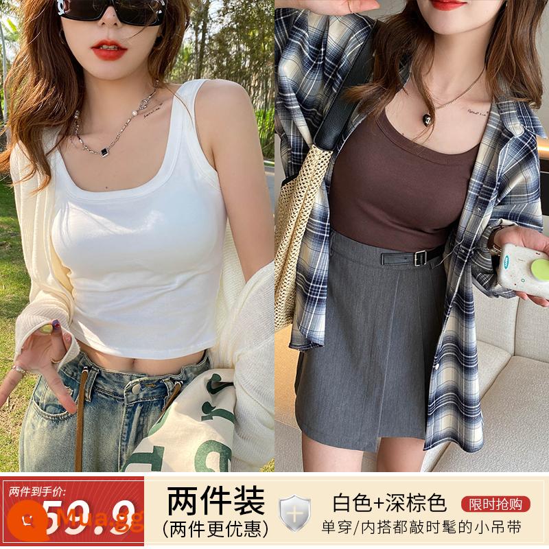 Đáy vest nữ mặc trong có treo chữ I mặc ngoài có đệm ngực lót lưng đẹp áo bra tích hợp áo crop top ngắn - Trắng + nâu đậm, gói 2 món có giá ưu đãi hơn