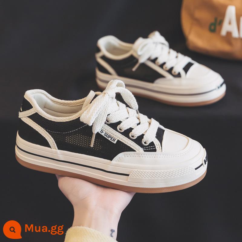 Mùa Hè Mỏng Thoáng Khí Màu Trắng Giày Nữ 2023 Mùa Hè Mới Mùa Hè Phối Lưới Giày Ban Giày Sneakers Giày Vải - đen