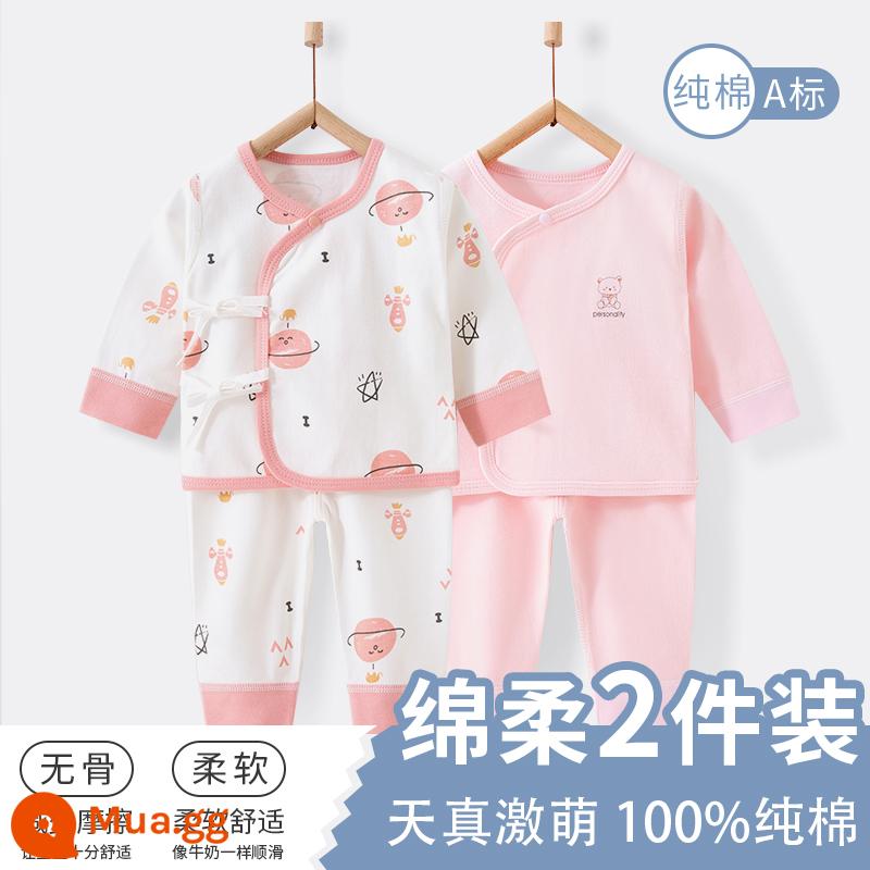 Bộ quần áo cho bé mùa xuân và mùa thu nguyên chất quần lót cotton 0-6 tháng tuổi sơ sinh đáy bộ đồ ngủ mùa xuân quần áo - Bộ 2 Trái đất hồng [Thiết bị đa năng bốn mùa]