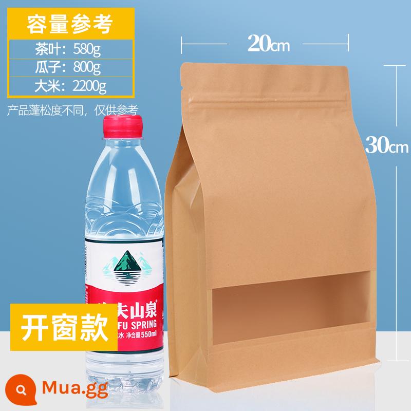 Túi giấy kraft túi ziplock trong suốt mờ tám mặt bịt kín ba chiều bằng không thực phẩm trà trái cây sấy khô túi đóng gói túi kín - Cửa sổ giấy kraft loại 20X30+8CM