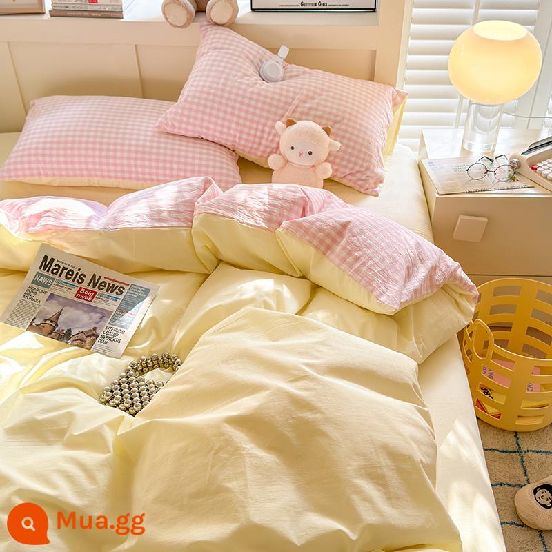 Giường cotton màu kem phong cách Bộ giường bốn mảnh ba mảnh ký túc xá sinh viên vỏ chăn bông nguyên chất tấm trải giường màu trơn - Kỳ gặp gỡ-lưới hồng nhạt-2