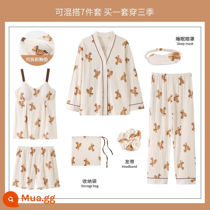 Yu Zhaolin 2022 bộ đồ ngủ bằng cotton nguyên chất dành cho nữ mới có đệm ngực dài tay mùa xuân và mùa thu bộ đồ bảy mảnh mùa thu dịch vụ tại nhà - YZL-QGL1632