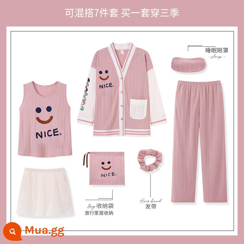 Yu Zhaolin 2022 bộ đồ ngủ bằng cotton nguyên chất dành cho nữ mới có đệm ngực dài tay mùa xuân và mùa thu bộ đồ bảy mảnh mùa thu dịch vụ tại nhà - Hồng YZL-XT2212