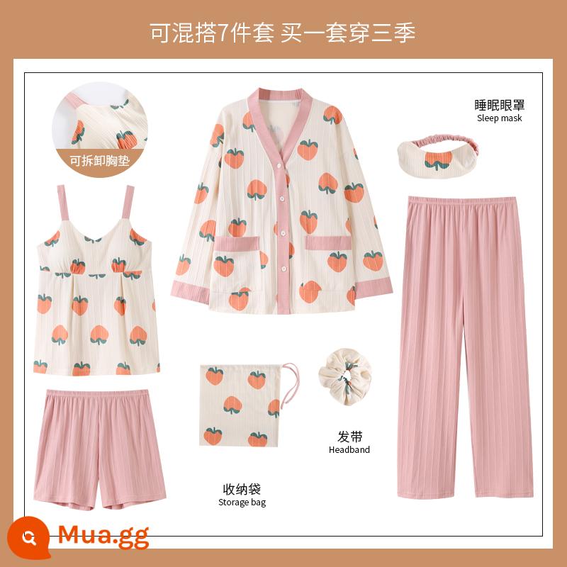 Yu Zhaolin 2022 bộ đồ ngủ bằng cotton nguyên chất dành cho nữ mới có đệm ngực dài tay mùa xuân và mùa thu bộ đồ bảy mảnh mùa thu dịch vụ tại nhà - YZL-QGL1636