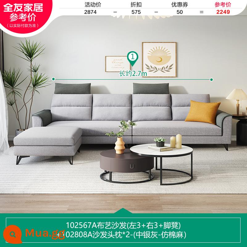 Quanyou Nhà Bắc Âu Đơn Giản Hiện Đại Sofa Vải Phòng Khách Tựa Đầu Có Thể Tháo Rời Căn Hộ Lớn Nhỏ Công Nghệ Vải 102567 - [Xám bạc vừa | Cotton và lanh giả] Sofa (3 trái + 3 phải + bệ kê chân) + tựa đầu A*2