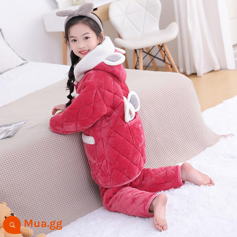 Bộ đồ ngủ trẻ em mùa đông dày bé trai và bé gái flannel cotton trẻ em nỉ san hô nhà đồng phục bóng chày - màu hồng vừa phải koala màu hồng xinh xắn