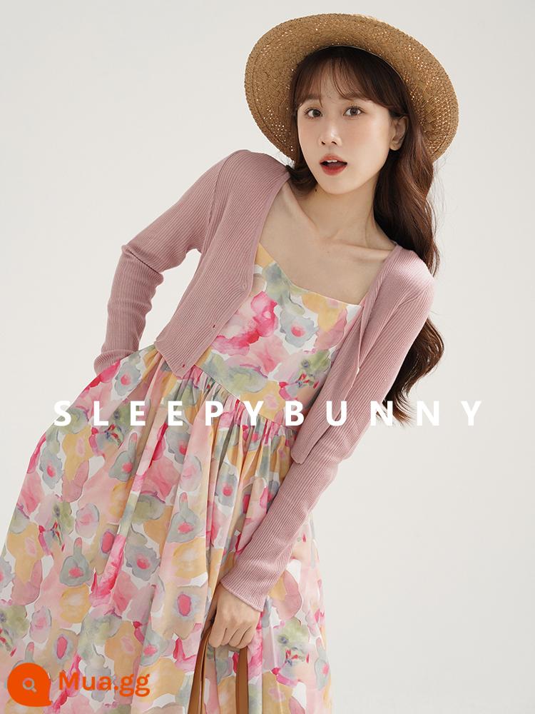 Áo Khoác Cardigan Dệt Kim Ngắn Sleepy Rabbit Mùa Hè 2023 Mỏng Cổ Chữ V Dài Tay Cho Nữ - Kiểu ngắn màu hồng đào