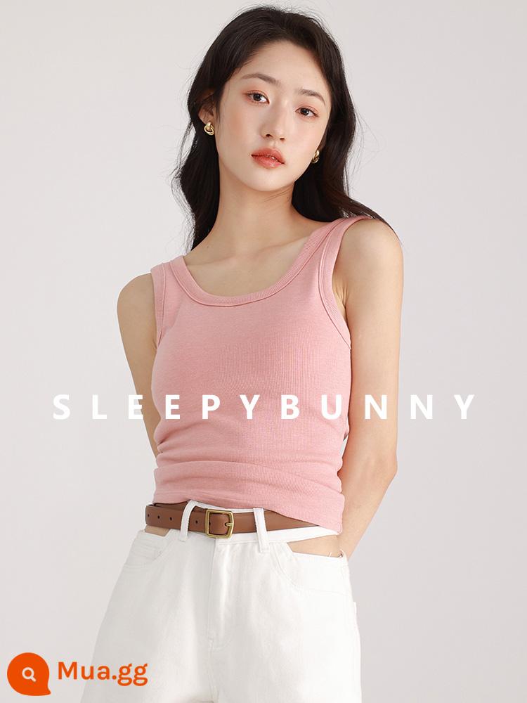 Buồn Ngủ Thỏ 1W + Cổ Vuông Nhỏ Áo Vest Nữ Mùa Hè Retro Slim Slim Đơn Giản Bên Trong Mặc Ngắn Yếm Top - Phong cách mùa hè màu hồng bưởi-Có miếng đệm ngực