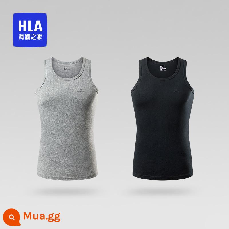 HLA/Hailan Nhà Áo Vest Nam 2 Miếng Cotton Nguyên Chất Thoáng Khí Đồng Màu Mùa Hè Đáy Mặc Phần Mỏng Trắng Quần Lót Nam - Đen đêm + Xám sương 9067