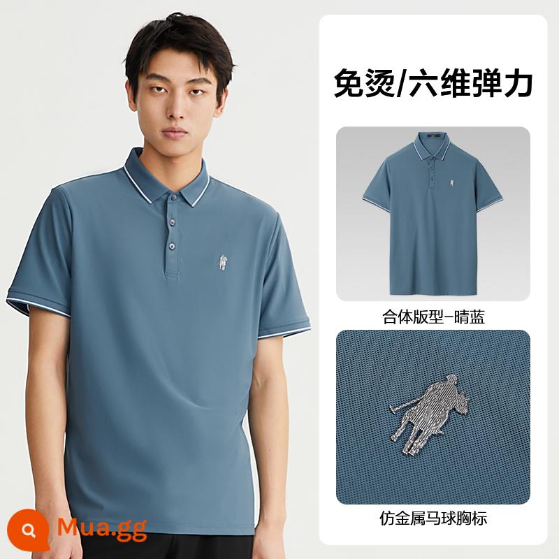 HLA/Hailan House POLO23 dài tay giản dị mùa xuân và mùa hè nhãn polo ngực thoáng khí mới Áo sơ mi polo Ralph Lauren áo thun ngắn tay nam - Tay ngắn thun sáu chiều xanh trong suốt C9