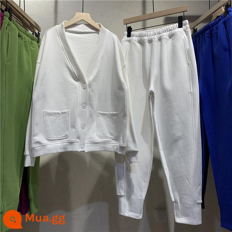 Mùa Xuân Và Mùa Thu 2022 Cotton Terry Thể Thao Và Giải Trí Áo Khoác Cardigan Và Quần Cotton Dày Dặn Bộ Hai Món Mỏng Và Size Lớn Nữ - Trắng