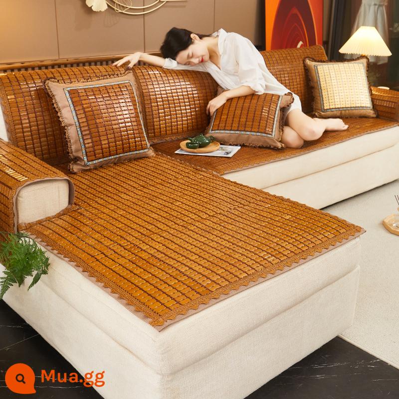 Sofa Mạt Chược Thảm Mùa Hè Đôi Sườn Mạt Chược 2022 Mới Thảm Tre Chống Trơn Trượt Ghế Sofa - Ren sườn đôi màu nâu mạt chược