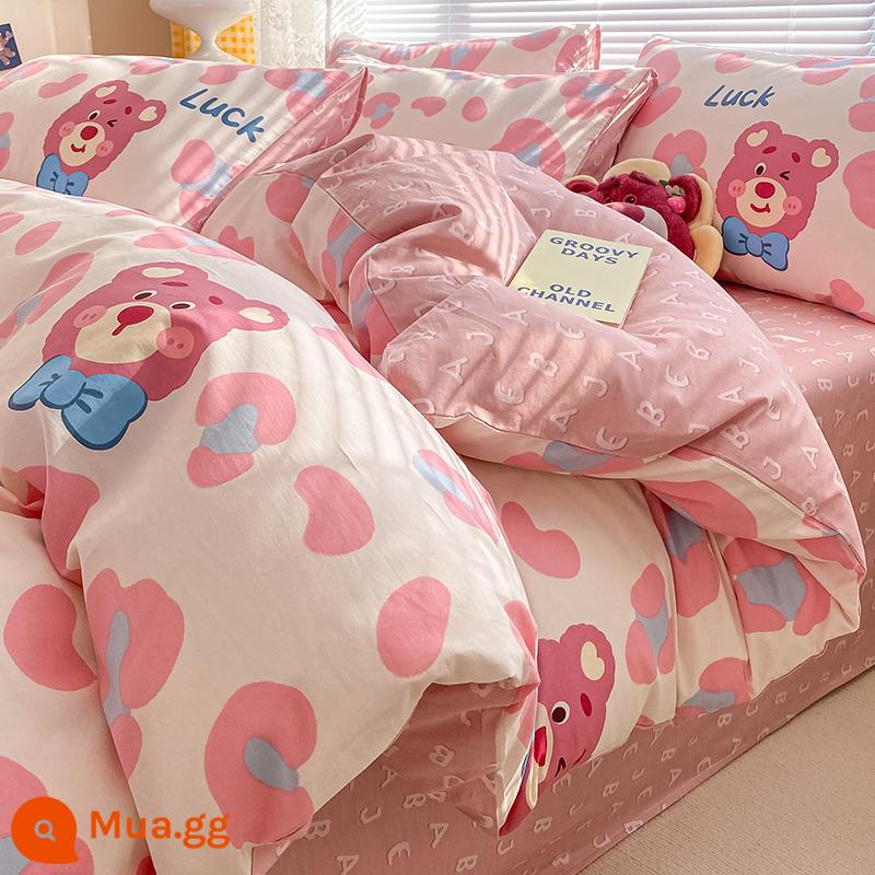 Ins hoạt hình cotton nguyên chất 100 cotton giường 4 bộ chăn ga gối dễ thương bé trai vỏ chăn 3 mảnh ga trải giường - Gấu báo dâu