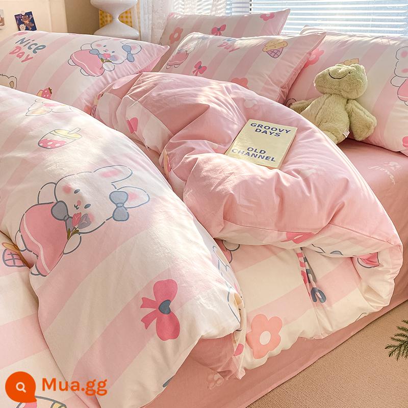 Ins hoạt hình cotton nguyên chất 100 cotton giường 4 bộ chăn ga gối dễ thương bé trai vỏ chăn 3 mảnh ga trải giường - đào thỏ