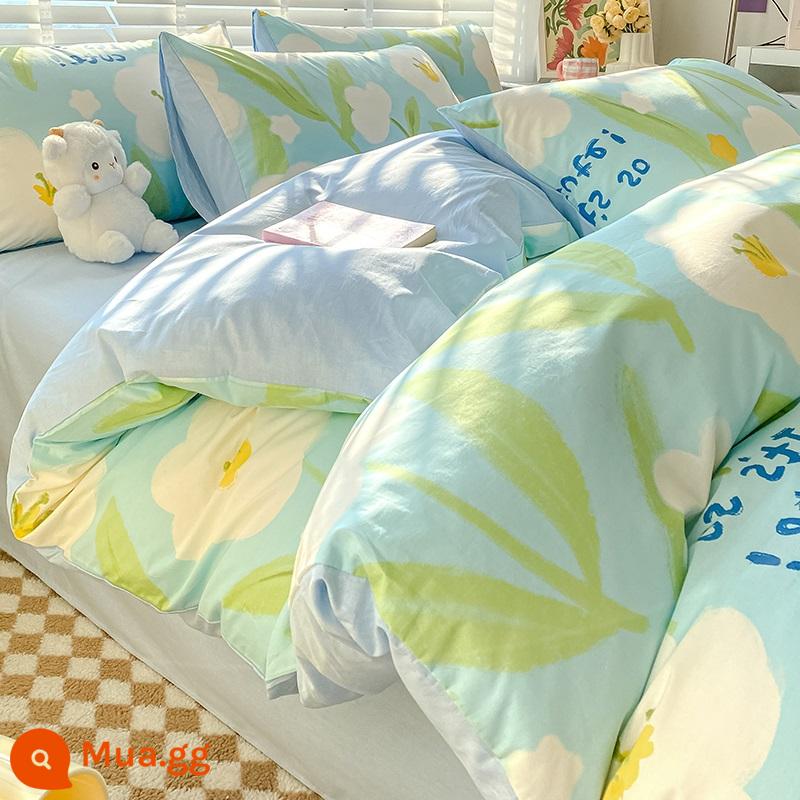 Phong Cách Bắc Âu Ins Đơn Giản Bộ 4 Món Bộ Chăn Ga Gối Cotton 100 Mỹ Nhẹ Sang Trọng Giường Vỏ Chăn 3 Mảnh Trang Bị Tấm - Gương mặt đẹp