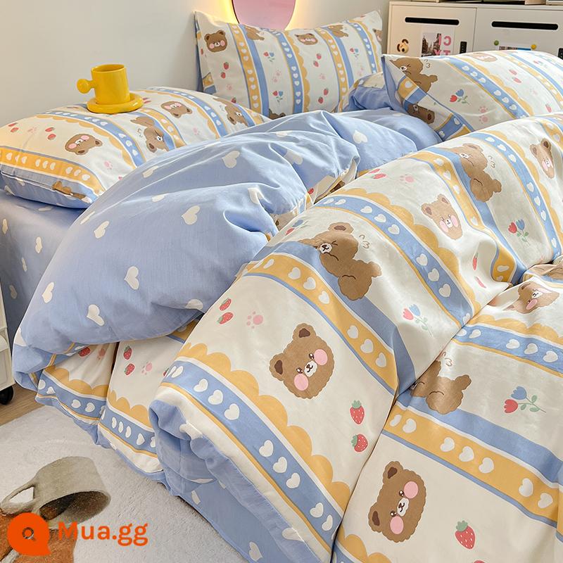 Ins gió hoạt hình giường cotton bốn món Bộ 100 cotton trẻ em bé trai ký túc xá bộ ba giường xuân thu vỏ chăn - gâu con