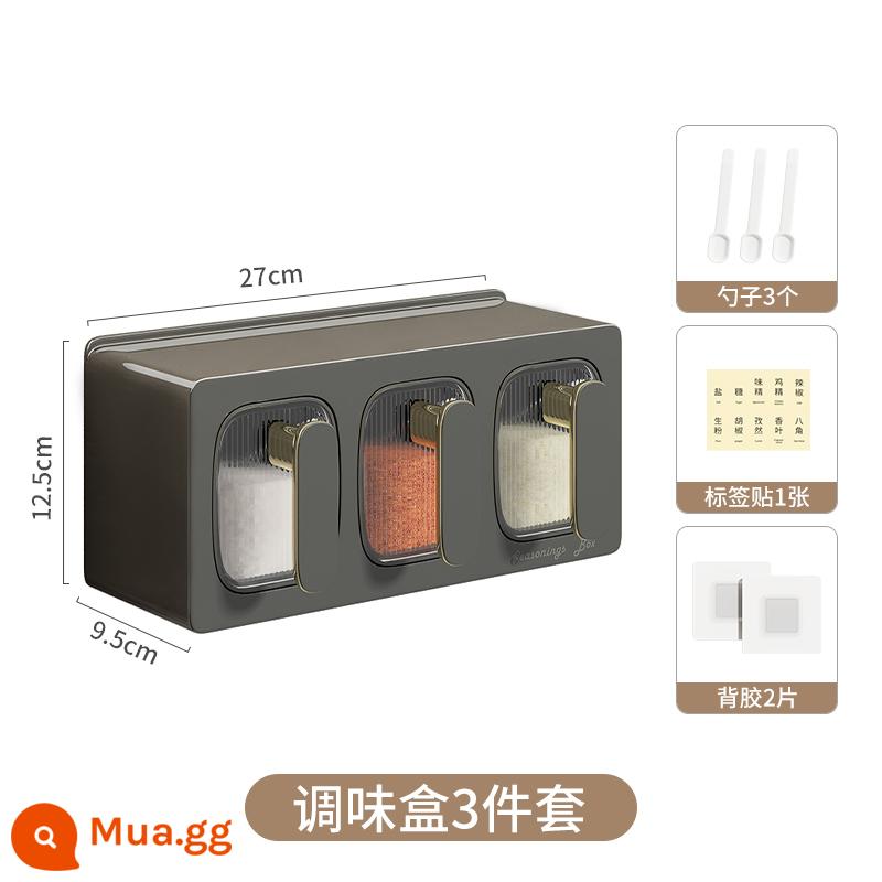 Hộp gia vị Home Bếp Tường tường -Chai con gia vị Muối Monosaco Pepper Pepper Contrident Storage Hộp gia vị Tập hợp bể kết hợp - Hộp đựng gia vị dán tường 3 ngăn kín màu vàng xám