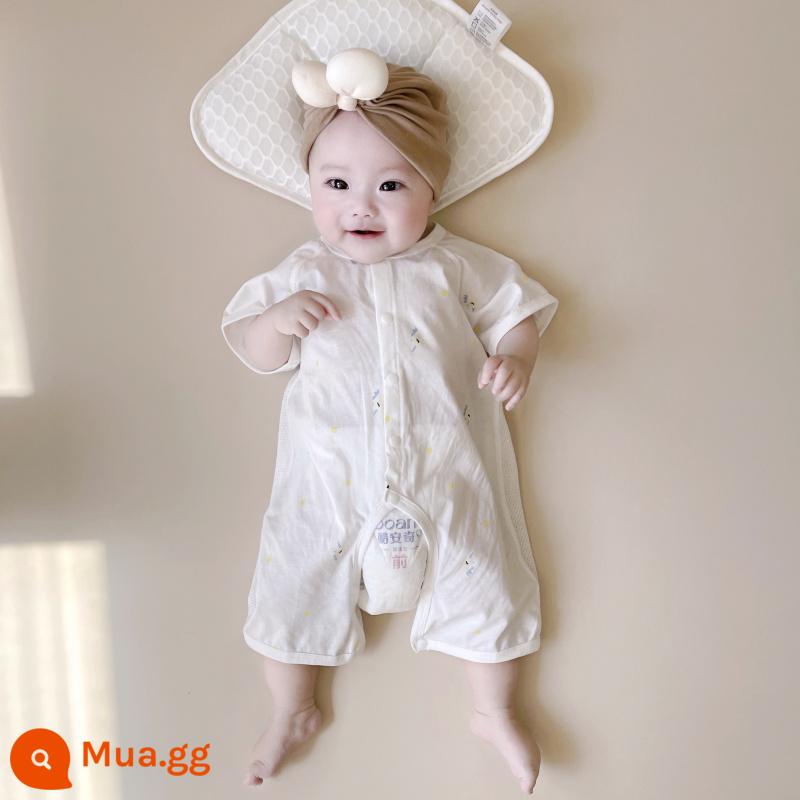 Mùa Hè Cho Bé Lưới Thoáng Khí Mở Jumpsuit Áo Khoác Cardigan Cotton Áo Liền Quần Phần Mỏng Phục Vụ Tại Nhà Trẻ Em Ngắn Tay Mùa Hè - Kỳ lân trắng không đũng