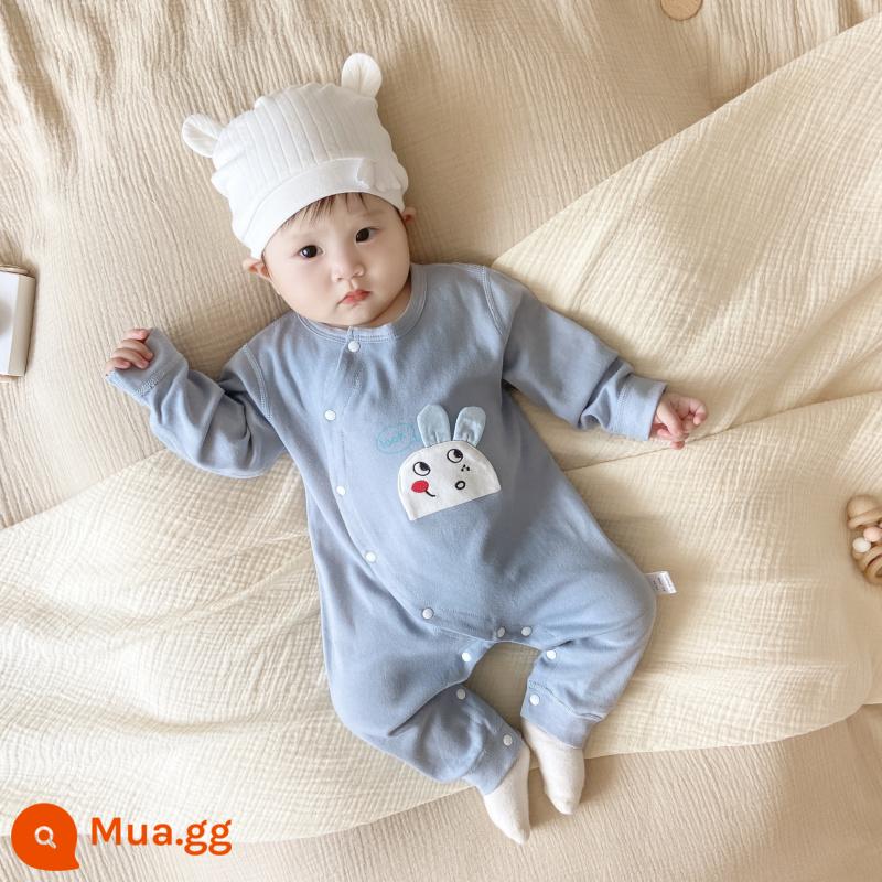 Bộ áo liền quần cotton nguyên chất cho bé, quần áo trẻ em mùa xuân thu, bộ áo liền quần dài tay hoạt hình bé trai và bé gái, quần áo trẻ mới biết đi cho tất cả các mùa - Bộ áo liền quần ba chiều dễ thương màu xanh