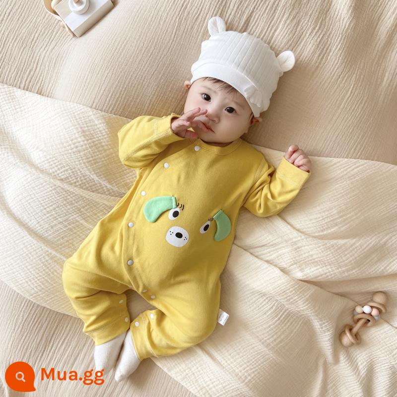 Bộ áo liền quần cotton nguyên chất cho bé, quần áo trẻ em mùa xuân thu, bộ áo liền quần dài tay hoạt hình bé trai và bé gái, quần áo trẻ mới biết đi cho tất cả các mùa - Bộ áo liền quần hình chú chó con 3D màu gừng