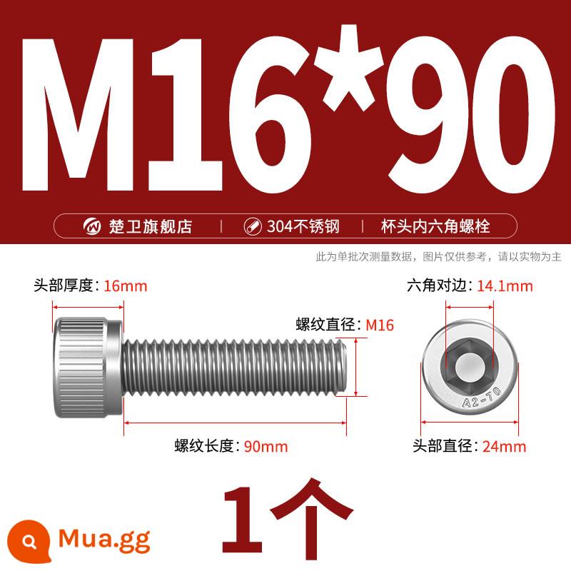 Thép không gỉ 304 cốc đầu lục giác vít đầu trụ vít nối dài 10mm bu lông M2M3M4M5M6M8 - M16*90 (1 cái)