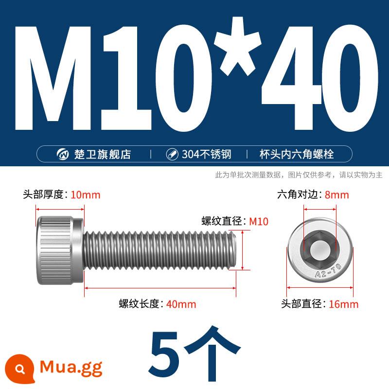 Thép không gỉ 304 cốc đầu lục giác vít đầu trụ vít nối dài 10mm bu lông M2M3M4M5M6M8 - M10*40 (5 cái)