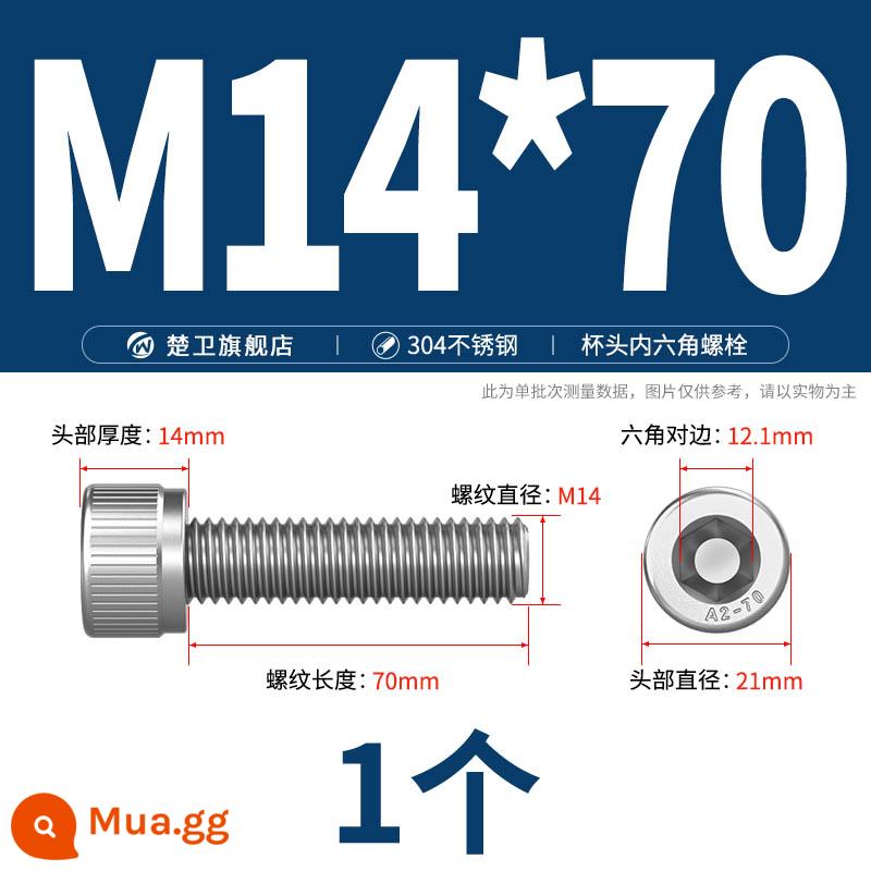 Thép không gỉ 304 cốc đầu lục giác vít đầu trụ vít nối dài 10mm bu lông M2M3M4M5M6M8 - M14*70 (1 cái)